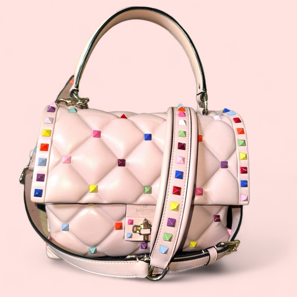 VALENTINO
Rockstud Medium Candystud Leather Top Handle Shoulder Bag Pink